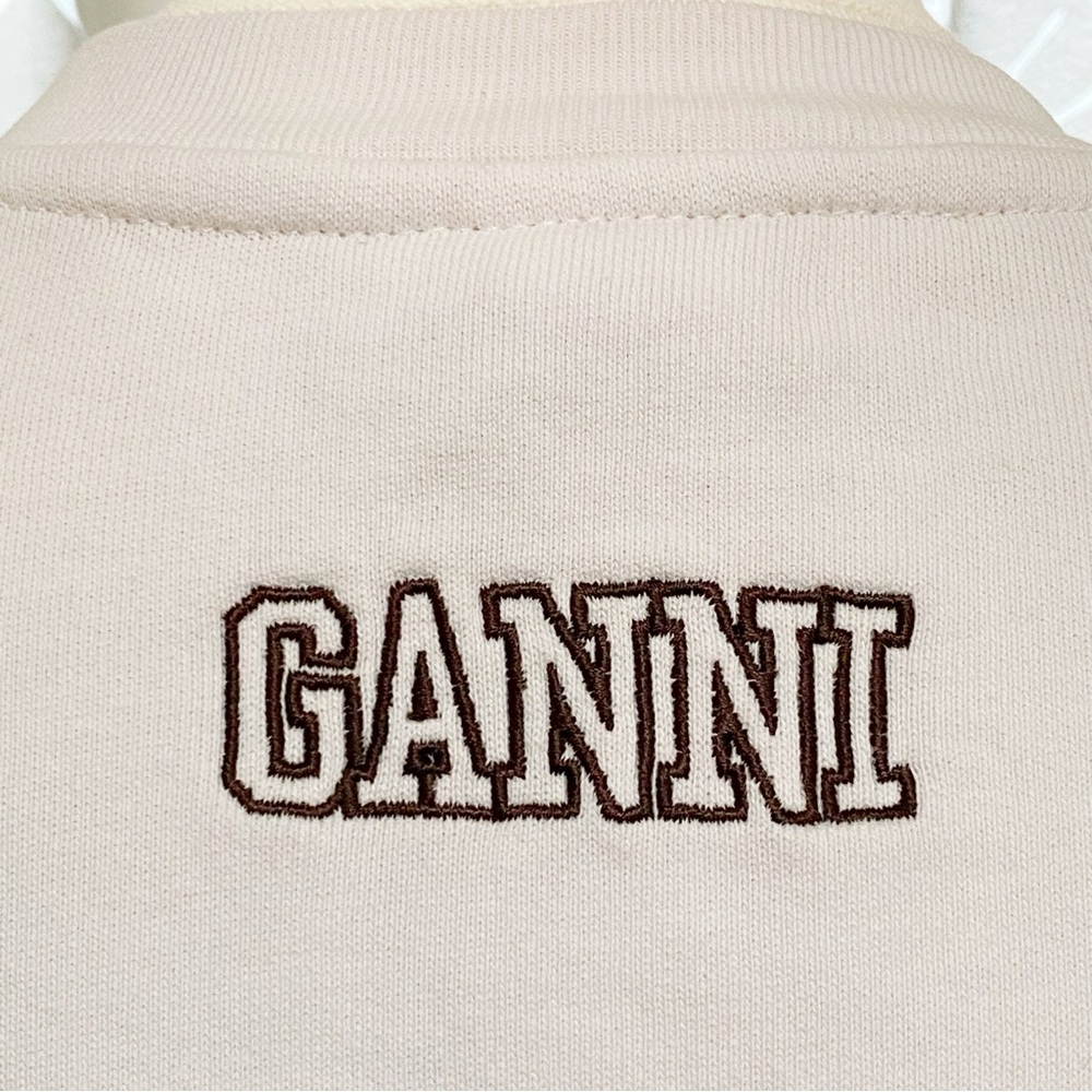 GANNI brown cream two tone Embroidered logo crewneck cotton fleece sweatshirt - Picture 7 of 9